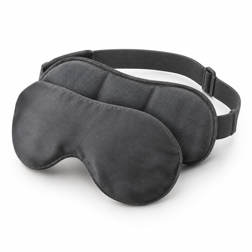 Charcoal weighted eye mask with curved bamboo fabric cover and adjustable strap on a white background.