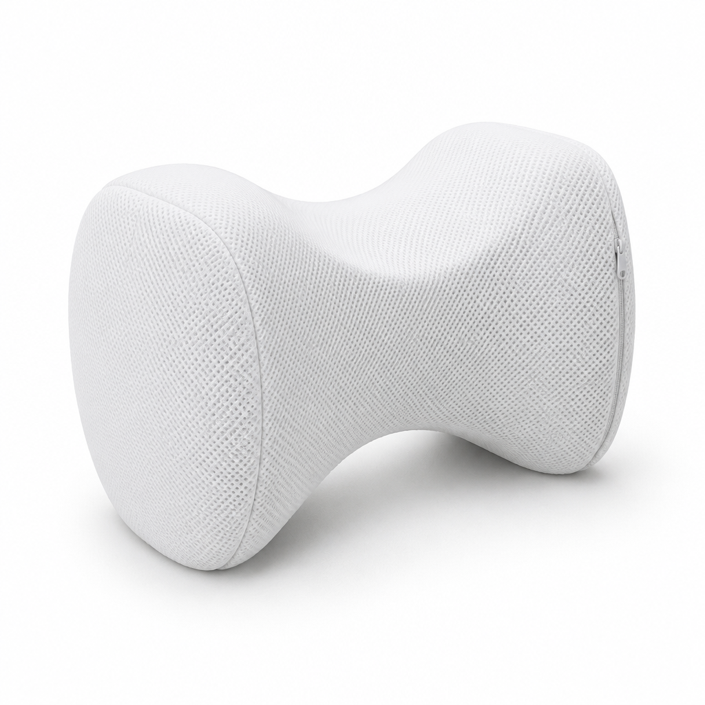 White hourglass-shaped knee pillow with a breathable mesh cover, shown at a three-quarter angle on a white background.
