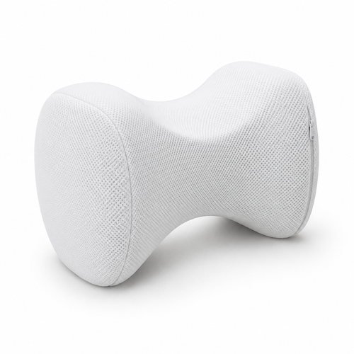 White hourglass-shaped knee pillow with a breathable mesh cover, shown at a three-quarter angle on a white background.