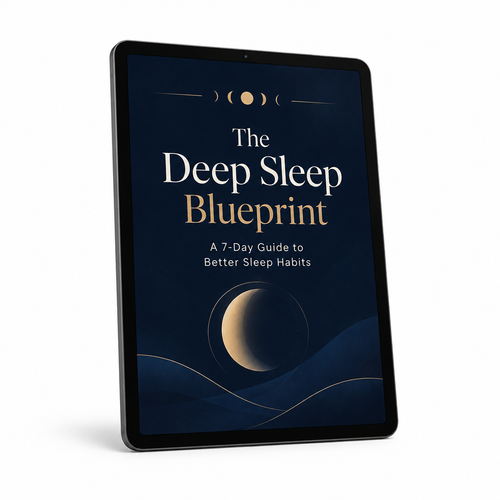 Tablet displaying The Deep Sleep Blueprint ebook cover in navy and gold on a white background. Tablet not included.